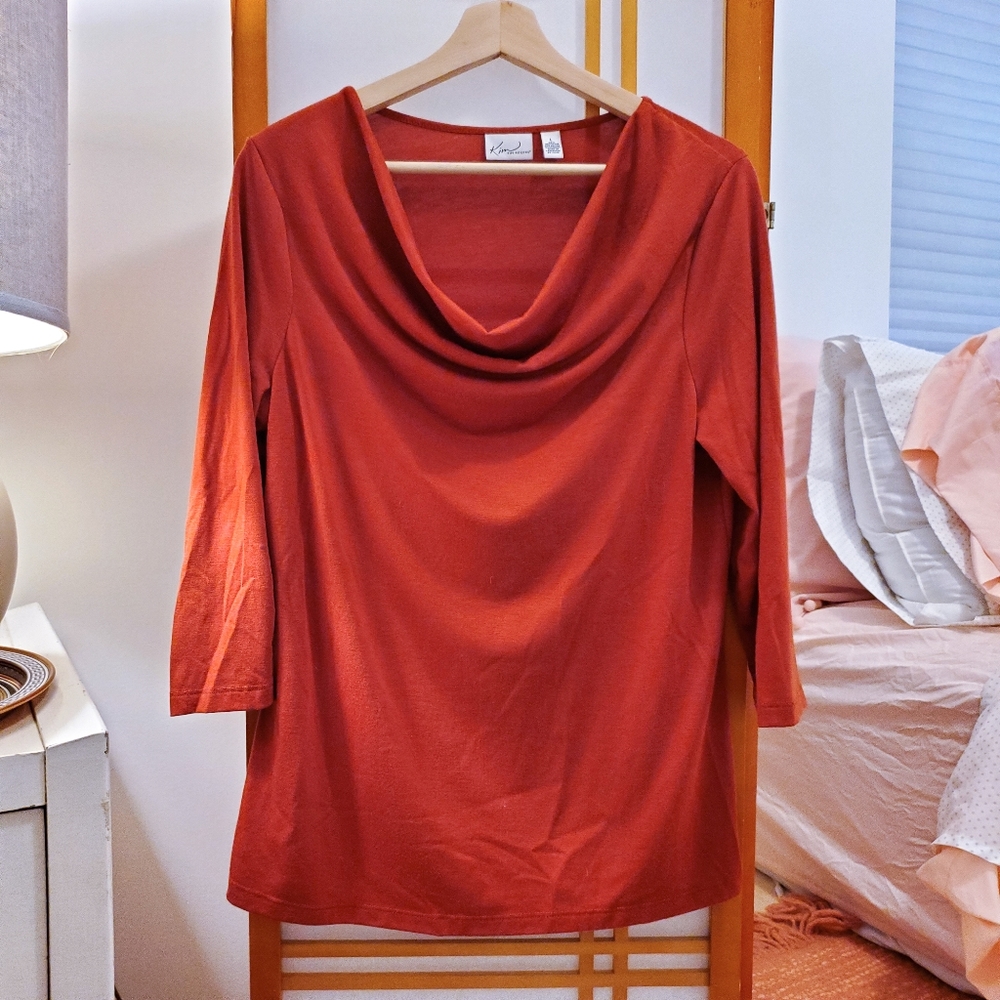 Drape-neck, Rust-colored, 3/4 sleeve Shirt
